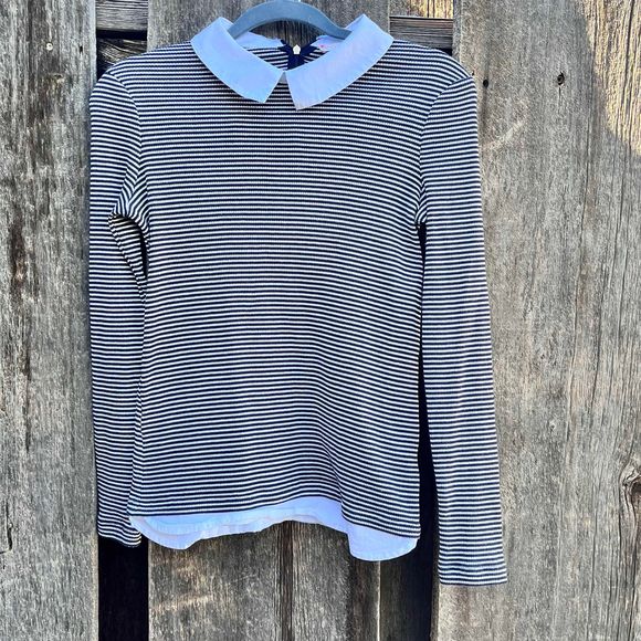 Tory Burch Womens Sweater XS Black Striped Patsy Poplin Stretch Collared Zip Bac